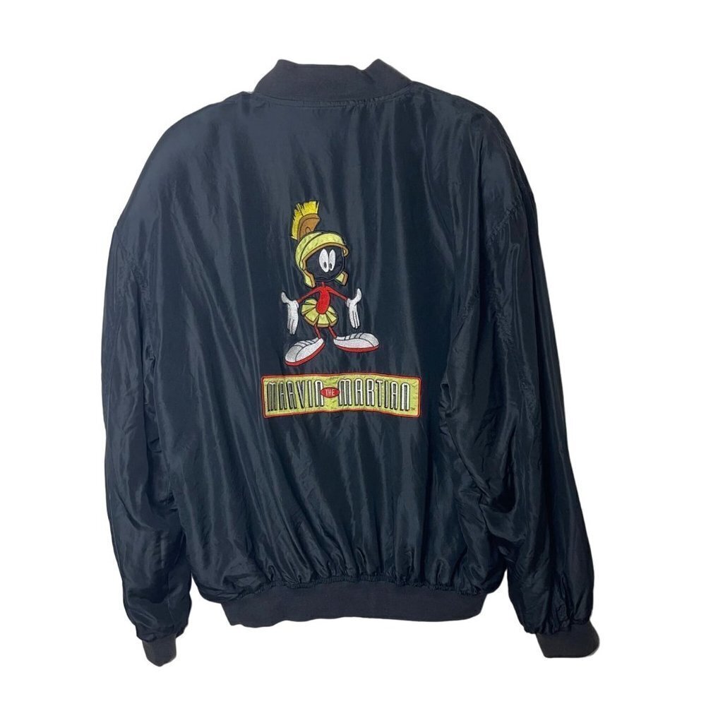 Vintage 90s Mens Bomber Jacket Size Medium Marvin the Martian Silk Looney Tunes